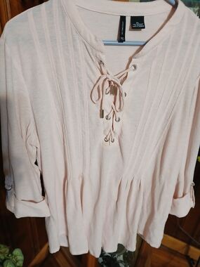 New Directions Blush Lace-Up Pintuck Peasant Top